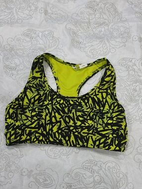 Zumba Fitness Neon Yellow & Black Abstract Racerback Sports Bra - Bold Print